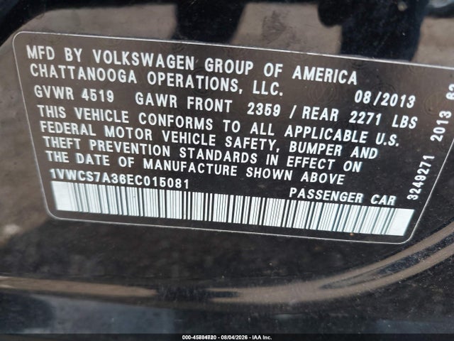 2014 Volkswagen Passat 1.8t Sel Premium მანქანა იყიდება აუქციონზე, vin: 1VWCS7A36EC015081, აუქციონის ნომერი: 45804720