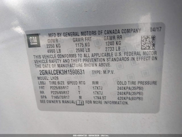45804728 :رقم المزاد ، 2GNALCEK3H1590631 vin ، 2017 Chevrolet Equinox Lt مزاد بيع