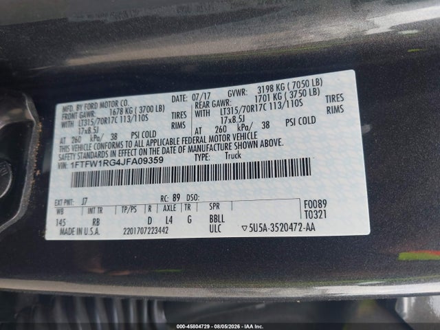 Продаж на аукціоні авто 2018 Ford F-150 Raptor, vin: 1FTFW1RG4JFA09359, номер лоту: 45804729