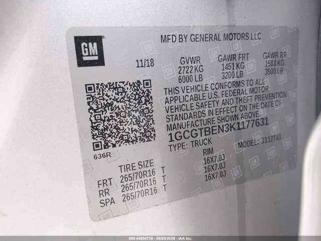 1GCGTBEN3K1177631 Chevrolet Colorado Wt