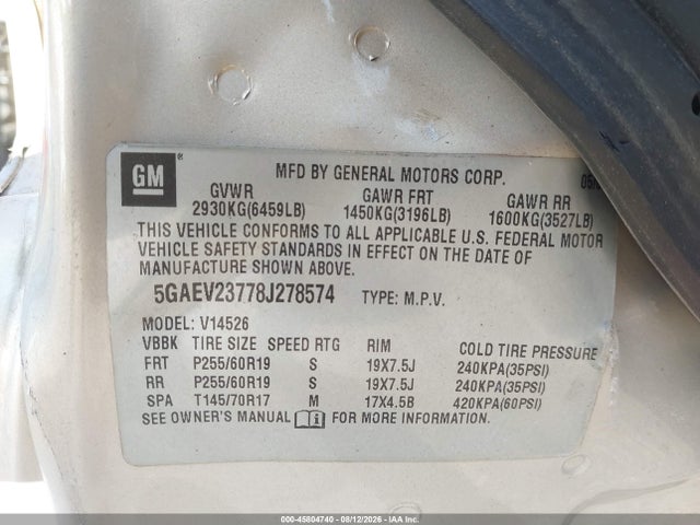 45804740 :رقم المزاد ، 5GAEV23778J278574 vin ، 2008 Buick Enclave Cxl مزاد بيع