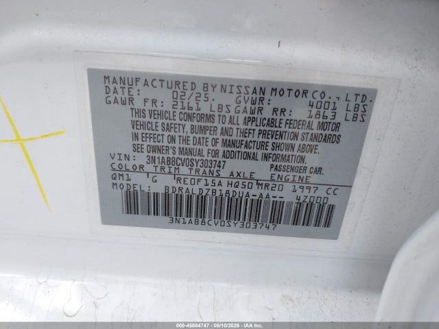 Продаж на аукціоні авто 2025 Nissan Sentra Sv, vin: 3N1AB8CV0SY303747, номер лоту: 45804747
