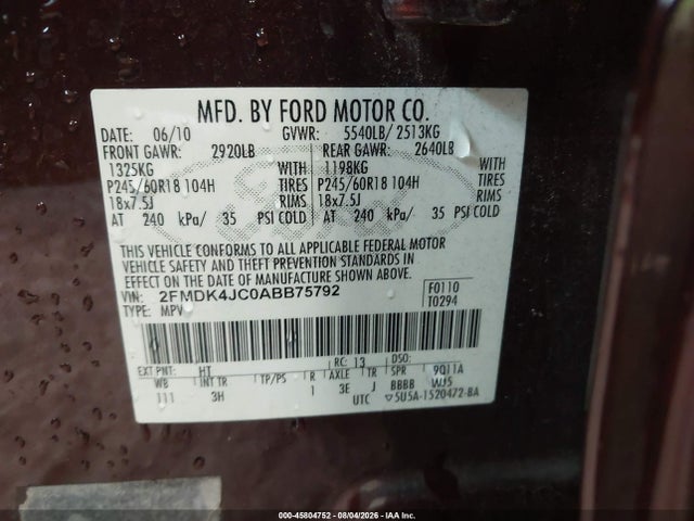 2010 Ford Edge Sel მანქანა იყიდება აუქციონზე, vin: 2FMDK4JC0ABB75792, აუქციონის ნომერი: 45804752
