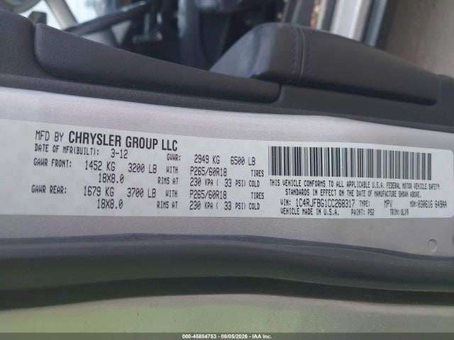 Продажа на аукционе авто 2012 Jeep Grand Cherokee Limited, vin: 1C4RJFBG1CC268317, номер лота: 45804753
