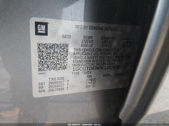 Продажа на аукционе авто 2019 Chevrolet Colorado Z71, vin: 1GCGTDEN0K1287032, номер лота: 45804757