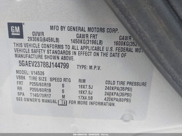 Aukcja sprzedaży 2008 Buick Enclave Cxl, vin: 5GAEV23788J144799, numer aukcji: 45804758