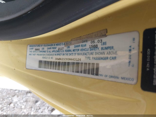 45804767 :رقم المزاد ، 3VWBK21C93M443124 vin ، 2003 Volkswagen New Beetle Gl مزاد بيع