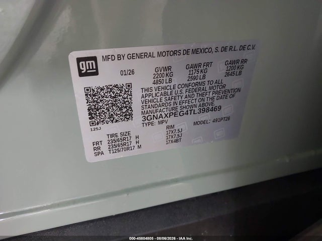 Aukcja sprzedaży 2026 Chevrolet Equinox Awd Lt, vin: 3GNAXPEG4TL398469, numer aukcji: 45804805