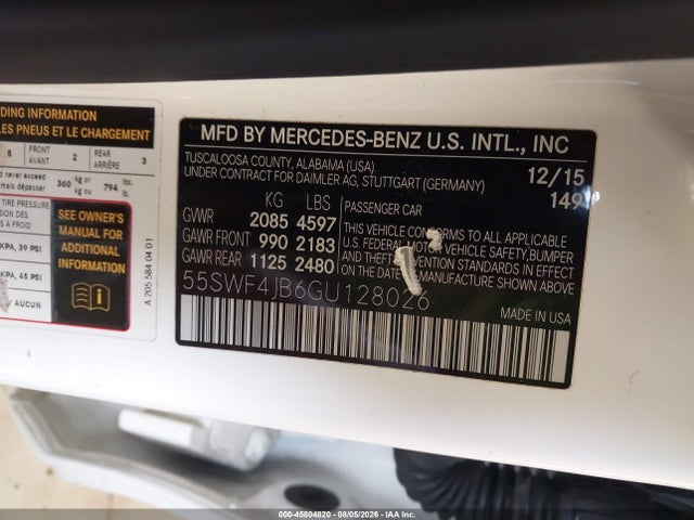 Auction sale of the 2016 Mercedes-benz C 300, vin: 55SWF4JB6GU128026, lot number: 45804820