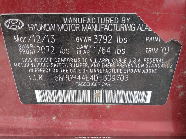 45804829 :رقم المزاد ، 5NPDH4AE4DH309703 vin ، 2013 Hyundai Elantra Gls مزاد بيع