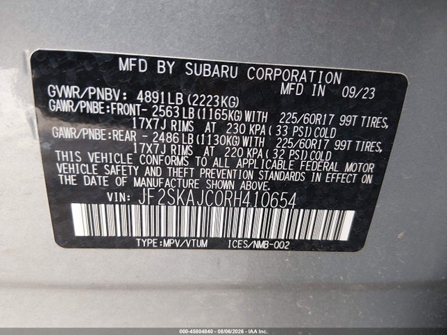 Aukcja sprzedaży 2024 Subaru Forester Wilderness, vin: JF2SKAJC0RH410654, numer aukcji: 45804840
