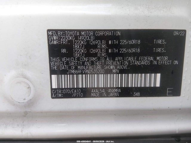 Продажа на аукционе авто 2022 Toyota Rav4 Hybrid Xle Premium, vin: JTMB6RFV9ND535200, номер лота: 45804841
