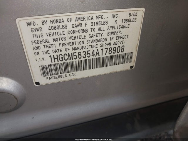 Aukcja sprzedaży 2004 Honda Accord 2.4 Lx, vin: 1HGCM56354A178908, numer aukcji: 45804845