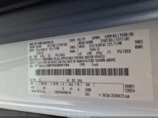 Продаж на аукціоні авто 2019 Ford Transit-350, vin: 1FTBW2XM7KKB00194, номер лоту: 45804846