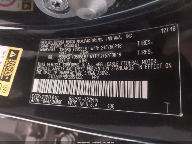 45804851 :رقم المزاد ، 5TDJZRFH8KS951350 vin ، 2019 Toyota Highlander Xle مزاد بيع