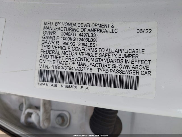 Aukcja sprzedaży 2022 Honda Accord Hybrid Touring, vin: 1HGCV3F94NA027016, numer aukcji: 45804852