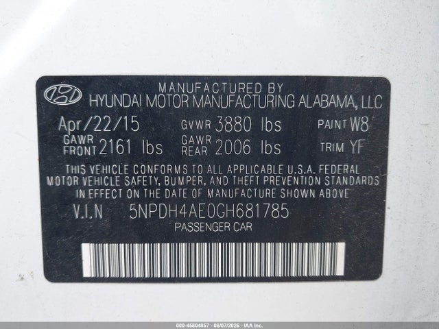2016 Hyundai Elantra Se მანქანა იყიდება აუქციონზე, vin: 5NPDH4AE0GH681785, აუქციონის ნომერი: 45804857