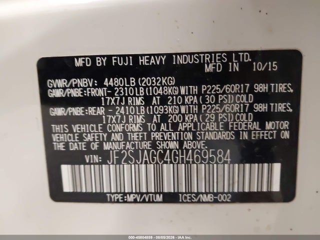 45804859 :رقم المزاد ، JF2SJAGC4GH469584 vin ، 2016 Subaru Forester 2.5i Premium مزاد بيع
