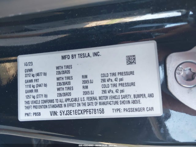 45804863 :رقم المزاد ، 5YJ3E1ECXPF678158 vin ، 2023 Tesla Model 3 Performance Dual Motor All-wheel Drive مزاد بيع