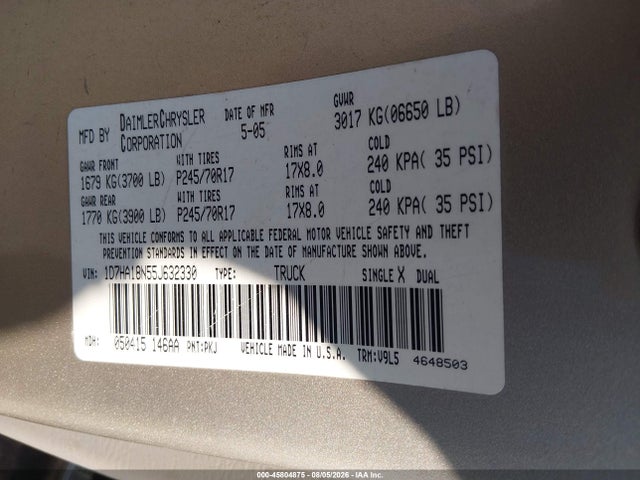 Aukcja sprzedaży 2005 Dodge Ram 1500 Slt/laramie, vin: 1D7HA18N55J632330, numer aukcji: 45804875