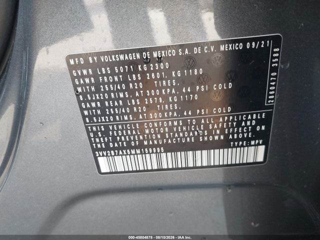 2021 Volkswagen Tiguan 2.0t Se/2.0t Se R-line Black/2.0t Sel მანქანა იყიდება აუქციონზე, vin: 3VV2B7AX5MM159995, აუქციონის ნომერი: 45804878