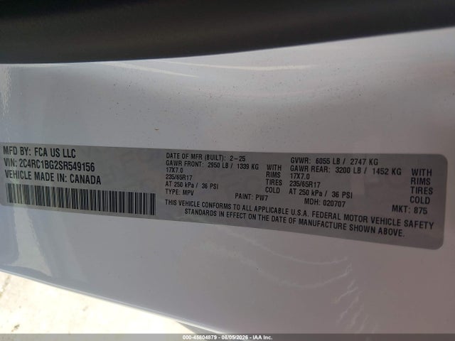 Aukcja sprzedaży 2025 Chrysler Pacifica Select, vin: 2C4RC1BG2SR549156, numer aukcji: 45804879