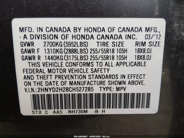 Продаж на аукціоні авто 2012 Acura Mdx, vin: 2HNYD2H28CH527285, номер лоту: 45804887