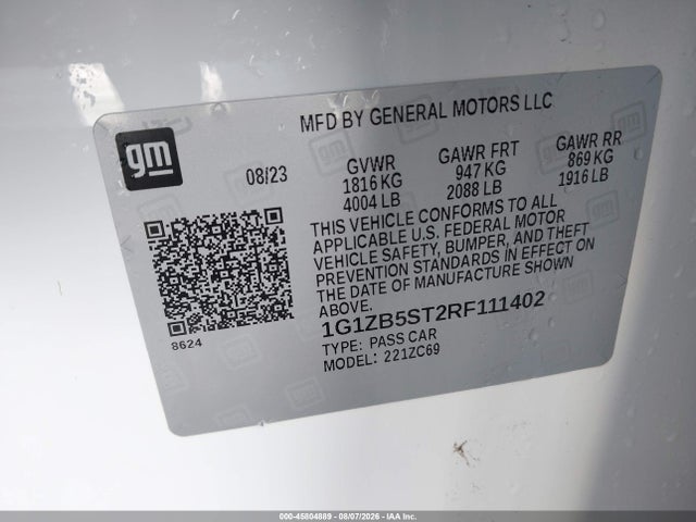 45804889 :رقم المزاد ، 1G1ZB5ST2RF111402 vin ، 2024 Chevrolet Malibu Fwd Ls مزاد بيع