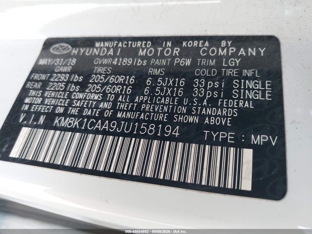 Aukcja sprzedaży 2018 Hyundai Kona Se, vin: KM8K1CAA9JU158194, numer aukcji: 45804892
