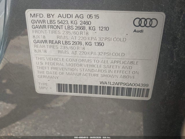 Aukcja sprzedaży 2016 Audi Q5 2.0t Premium, vin: WA1L2AFP9GA004399, numer aukcji: 45804910