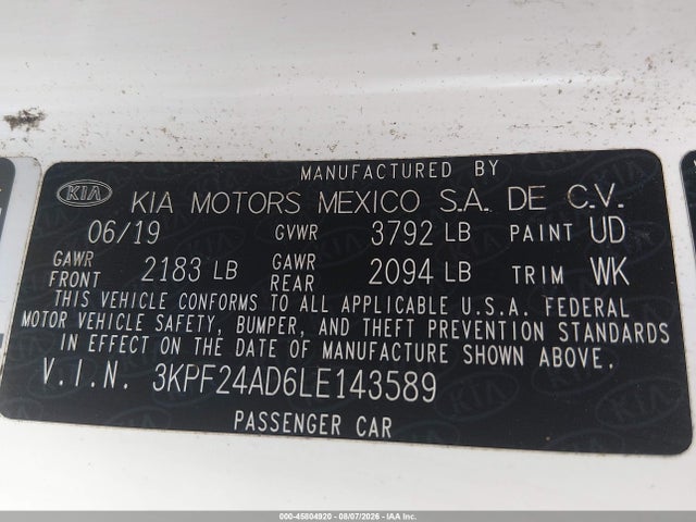 2020 Kia Forte Lxs მანქანა იყიდება აუქციონზე, vin: 3KPF24AD6LE143589, აუქციონის ნომერი: 45804920
