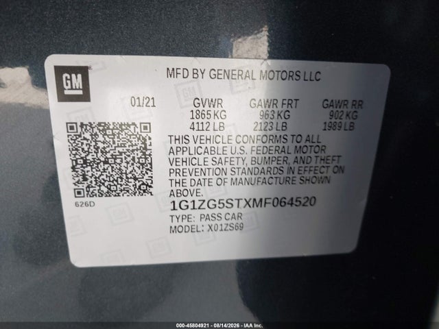 Продажа на аукционе авто 2021 Chevrolet Malibu Fwd Rs, vin: 1G1ZG5STXMF064520, номер лота: 45804921