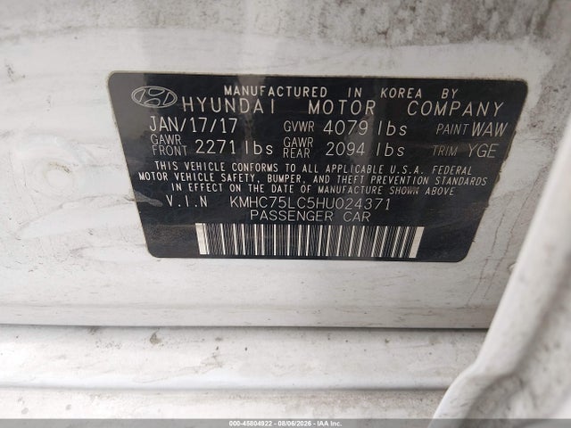 Auction sale of the 2017 Hyundai Ioniq Hybrid Sel, vin: KMHC75LC5HU024371, lot number: 45804922
