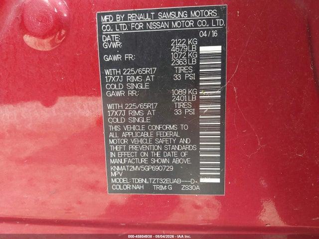 45804938 :رقم المزاد ، KNMAT2MV5GP690729 vin ، 2016 Nissan Rogue Sv مزاد بيع