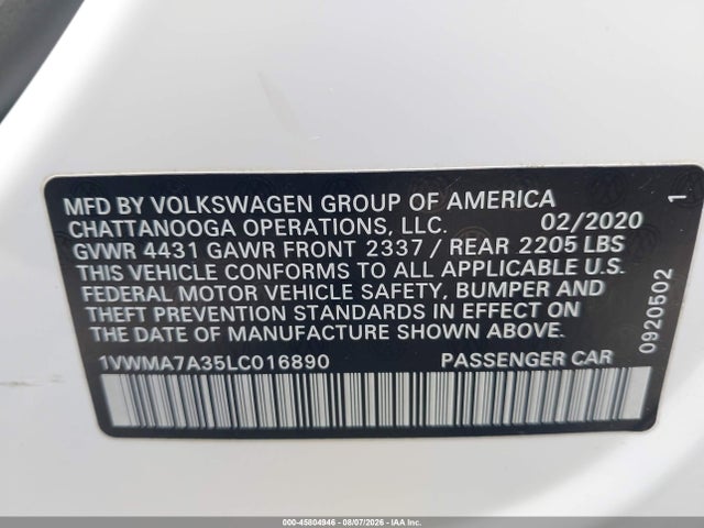 Aukcja sprzedaży 2020 Volkswagen Passat 2.0t R-line, vin: 1VWMA7A35LC016890, numer aukcji: 45804946
