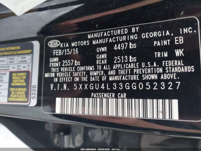 Продаж на аукціоні авто 2016 Kia Optima Ex, vin: 5XXGU4L33GG052327, номер лоту: 45804948