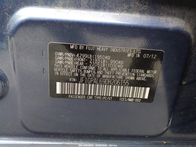 45804956 :رقم المزاد ، JF1GPAL69DH206155 vin ، 2013 Subaru Impreza 2.0i Sport Premium مزاد بيع