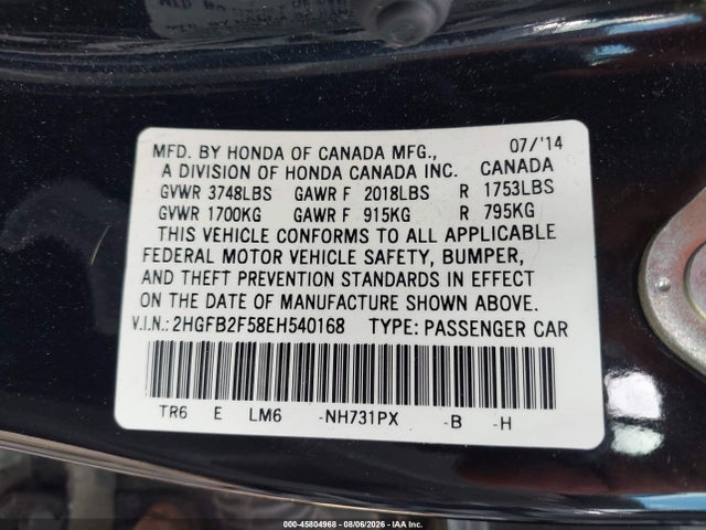 Aukcja sprzedaży 2014 Honda Civic Lx, vin: 2HGFB2F58EH540168, numer aukcji: 45804968