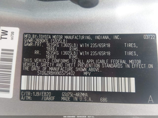 Продажа на аукционе авто 2022 Toyota Highlander Xle, vin: 5TDGZRBHXNS575402, номер лота: 45804980