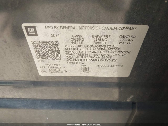 Aukcja sprzedaży 2019 Chevrolet Equinox Lt, vin: 2GNAXKEV4K6302523, numer aukcji: 45804989