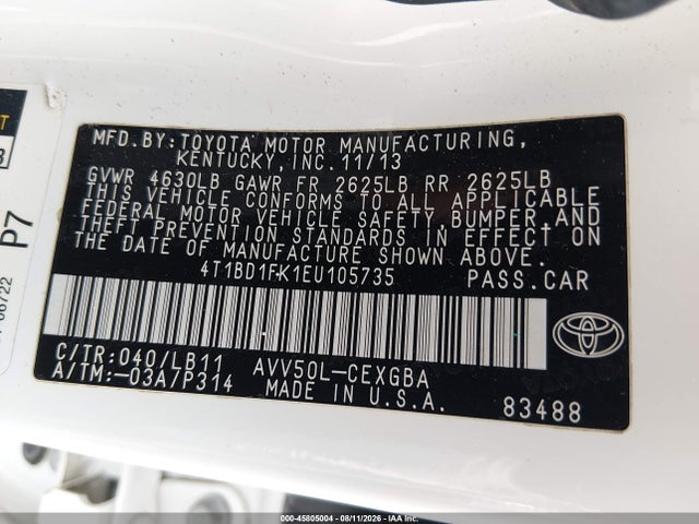 2014 Toyota Camry Hybrid Xle მანქანა იყიდება აუქციონზე, vin: 4T1BD1FK1EU105735, აუქციონის ნომერი: 45805004