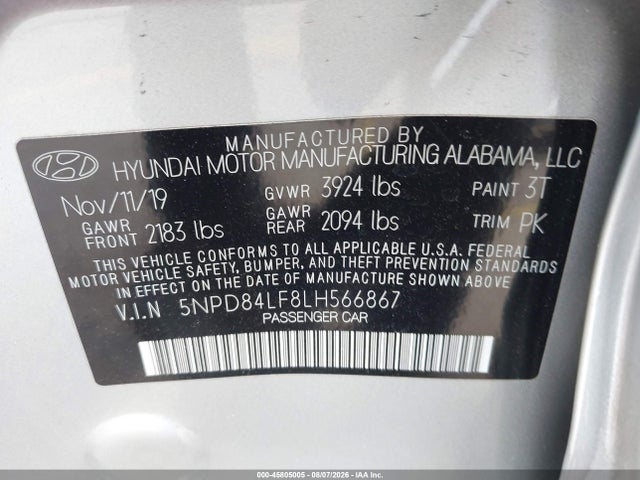 Продаж на аукціоні авто 2020 Hyundai Elantra Sel, vin: 5NPD84LF8LH566867, номер лоту: 45805005