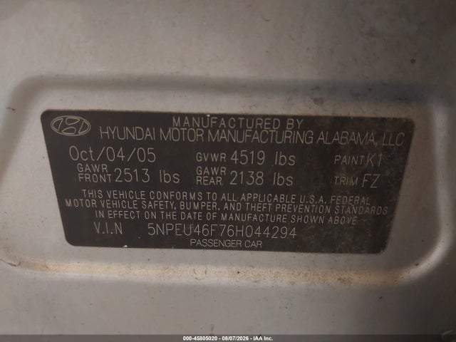 Aukcja sprzedaży 2006 Hyundai Sonata Gls V6/lx V6, vin: 5NPEU46F76H044294, numer aukcji: 45805020