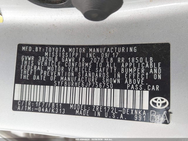 Toyota COROLLA LE 2018 5YFBURHE6JP756750 Image 9