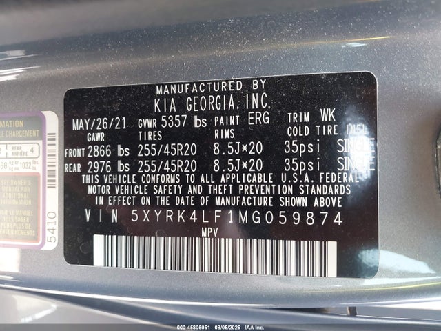 Aukcja sprzedaży 2021 Kia Sorento Sx Prestige, vin: 5XYRK4LF1MG059874, numer aukcji: 45805051