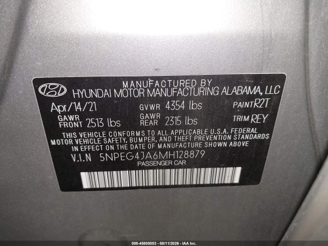 45805053 :رقم المزاد ، 5NPEG4JA6MH128879 vin ، 2021 Hyundai Sonata Se مزاد بيع