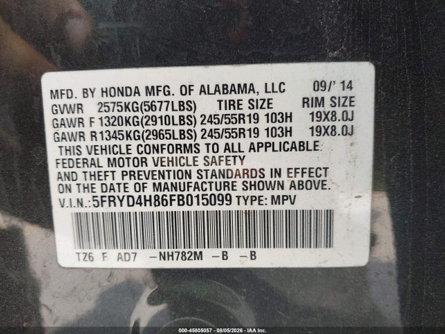 45805057 :رقم المزاد ، 5FRYD4H86FB015099 vin ، 2015 Acura Mdx Advance Pkg W/entertainment Pkg مزاد بيع
