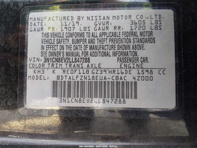 2020 Nissan Versa Sv Xtronic Cvt მანქანა იყიდება აუქციონზე, vin: 3N1CN8EV2LL847288, აუქციონის ნომერი: 45805060