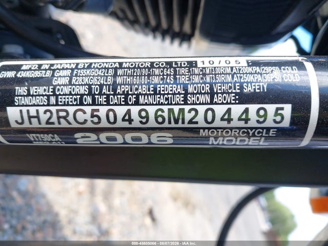 45805066 :رقم المزاد ، JH2RC50496M204495 vin ، 2006 Honda Vt750 Ca مزاد بيع