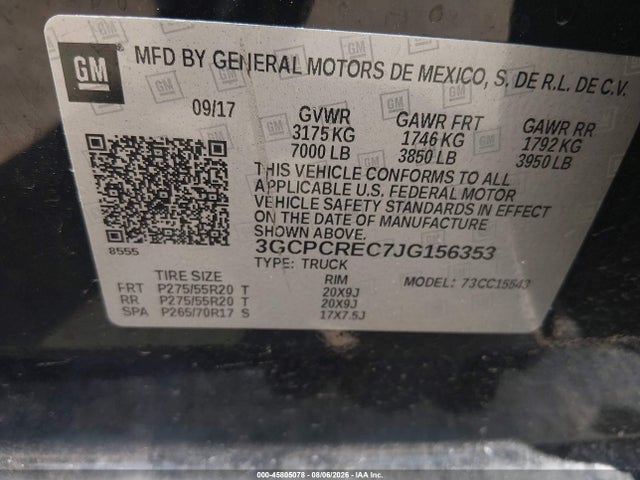 Продаж на аукціоні авто 2018 Chevrolet Silverado 1500 1lt, vin: 3GCPCREC7JG156353, номер лоту: 45805078